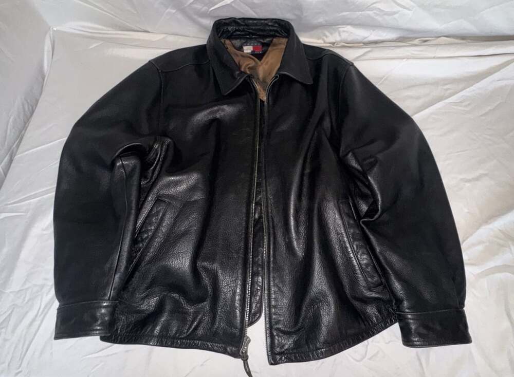 Vintage Tommy Hilfiger Leather Jacket Size XXL Black Bomber